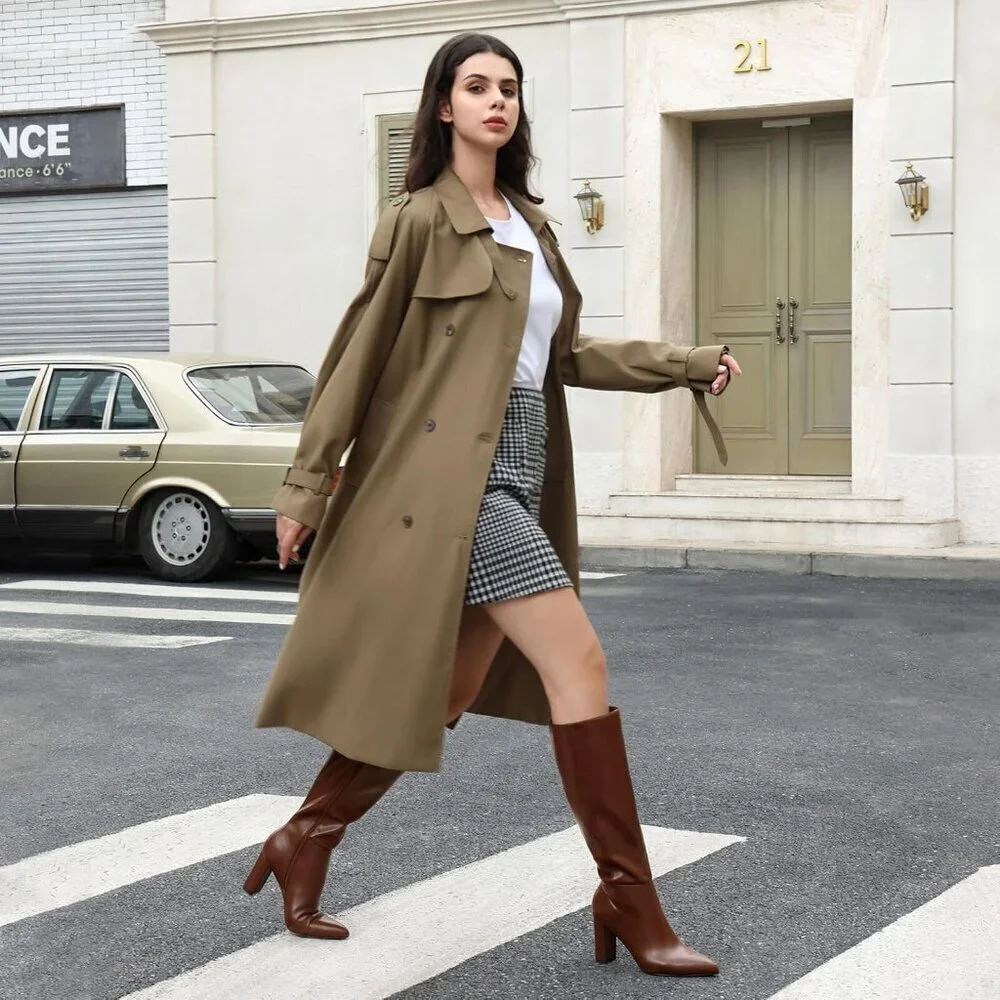 Women's Brown Classic Chunky Heel Pointed Toe High Heel Side Zipper Tall Boots